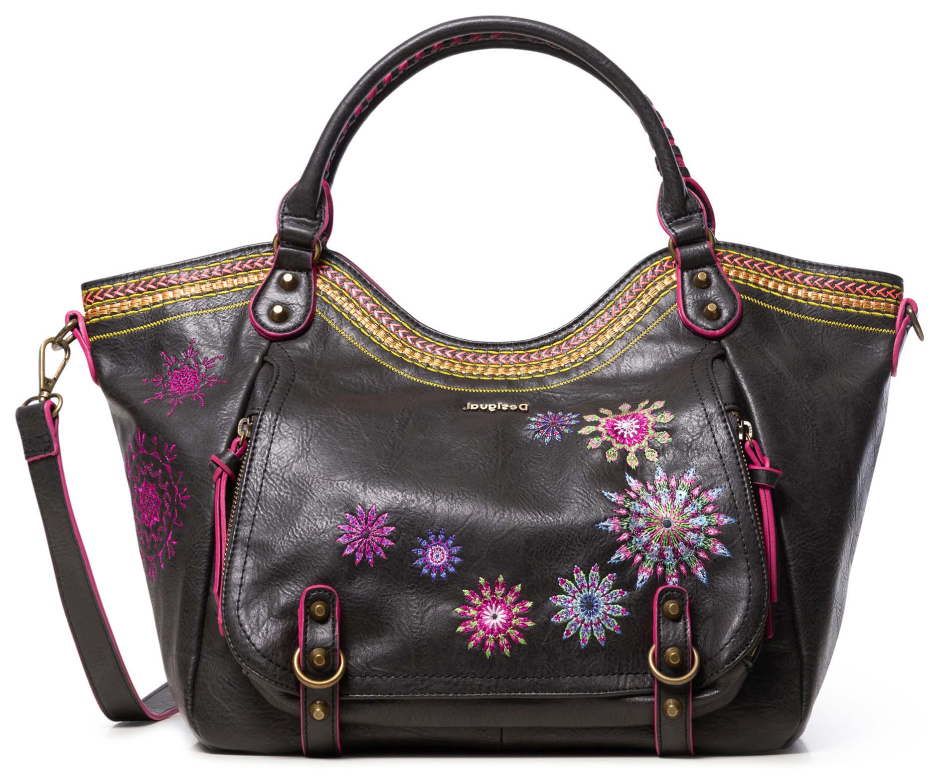 Desigual černá kabelka Bols Ada Rotterdam s výšivkami