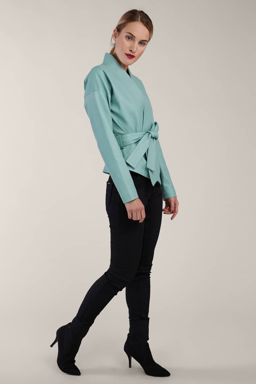 Kara mentolový kožený kabátek Kimono