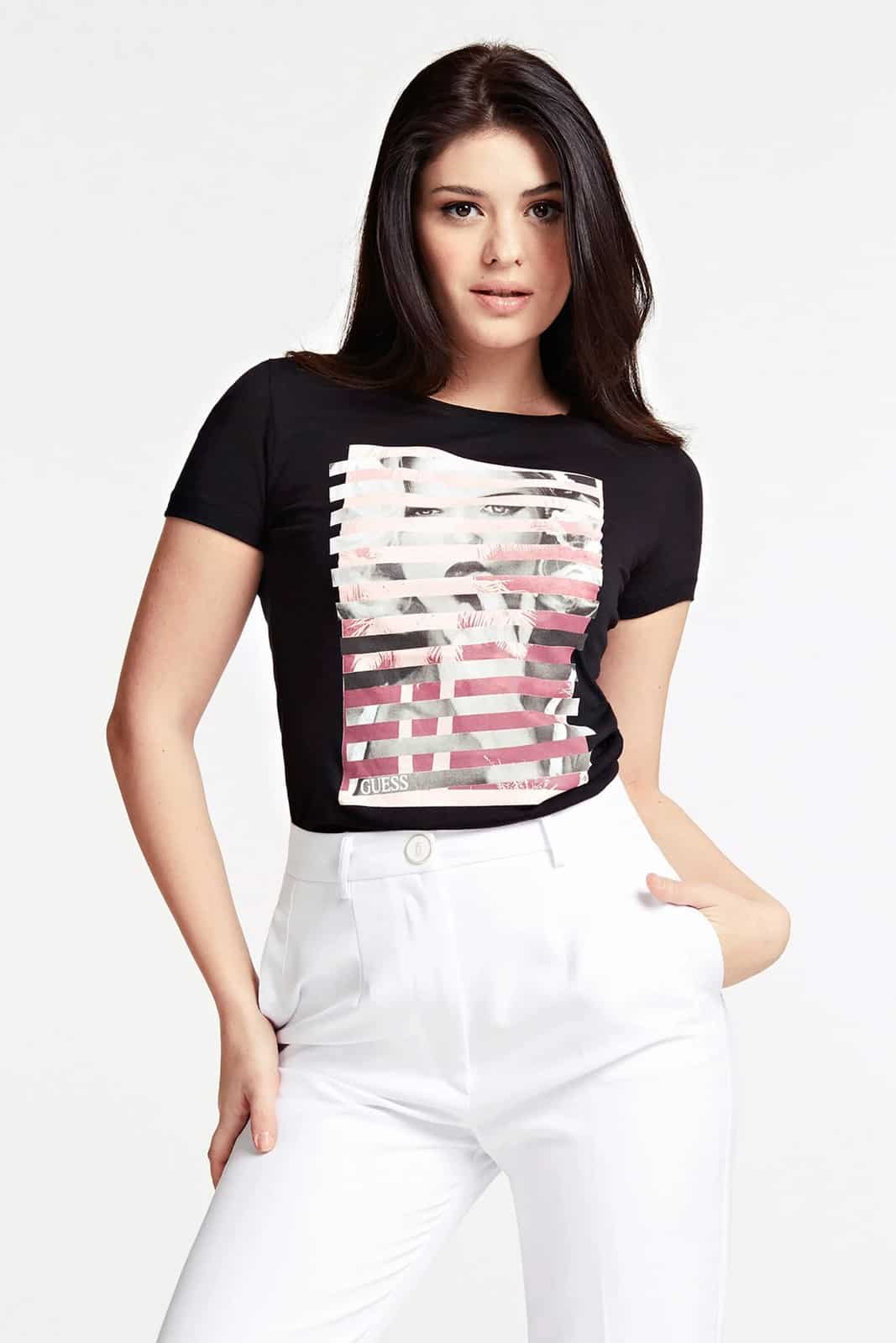 Guess černé dámské tričko Donna Stampa Piazzata