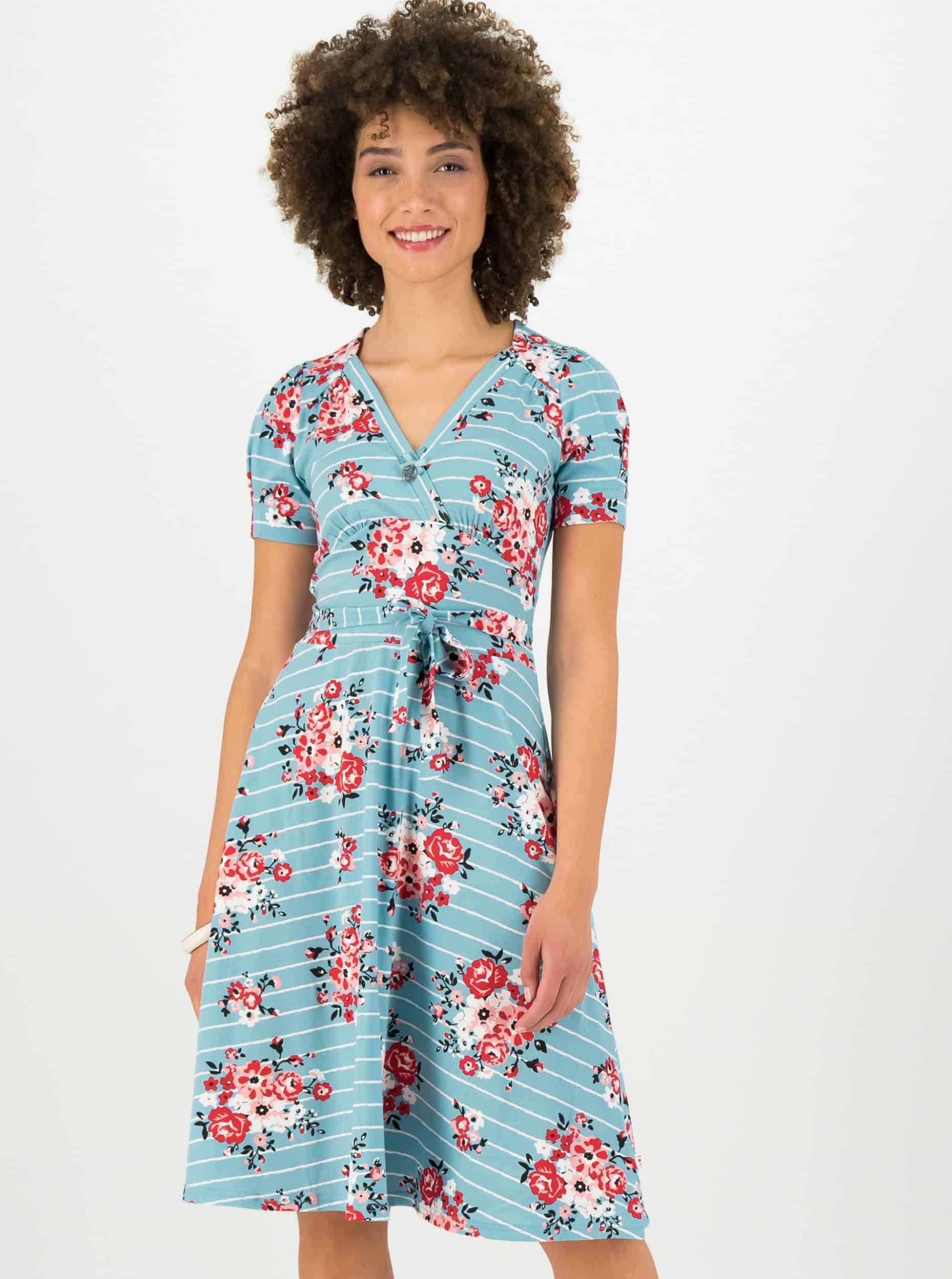 Blutsgeschwister modré šaty Streifen Blumen