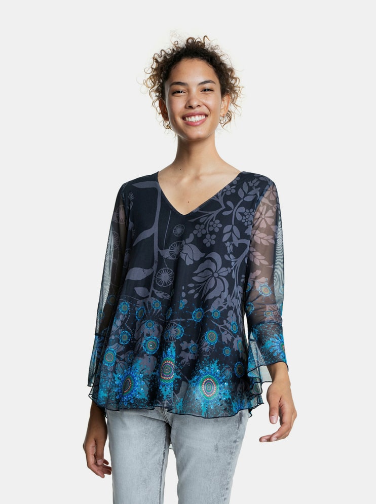 Desigual černo-modrý top Olivie s transparentními rukávy