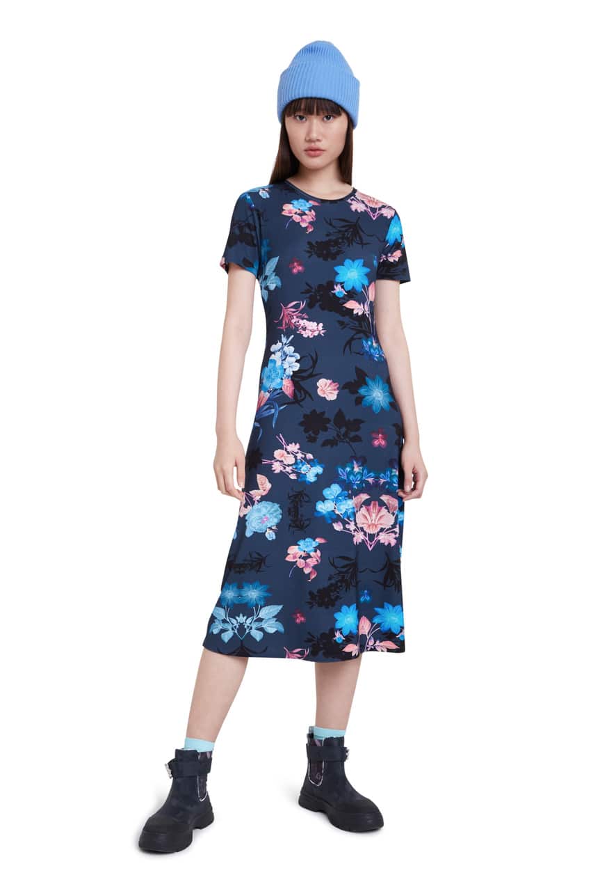 Desigual modré květinové midi šaty Vest Bouquet