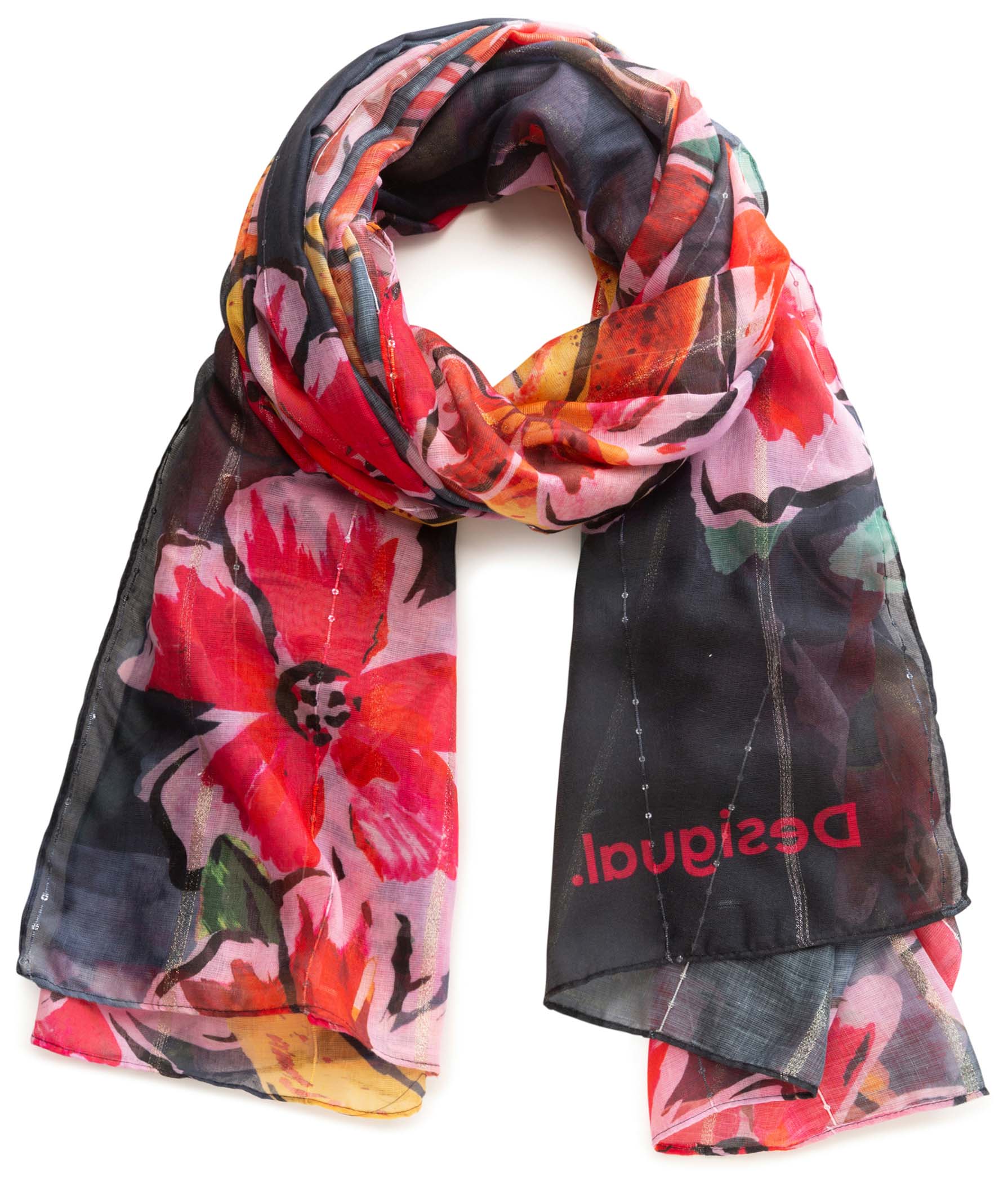 Desigual černý šátek Foul Banana s květinami