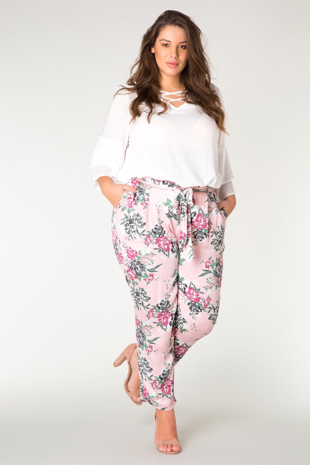 Yesta růžové kalhoty Goessel s květinovými motivy