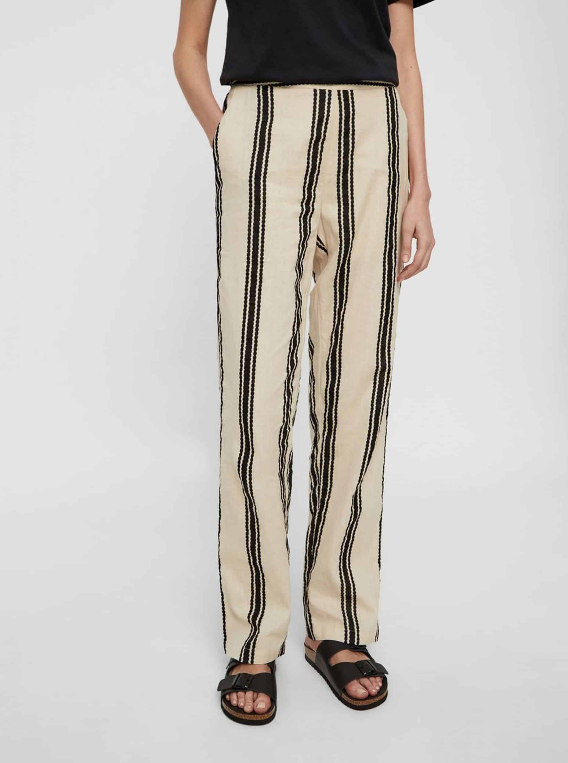 Krémové pruhované kalhoty s příměsí lnu Noisy May Elsie