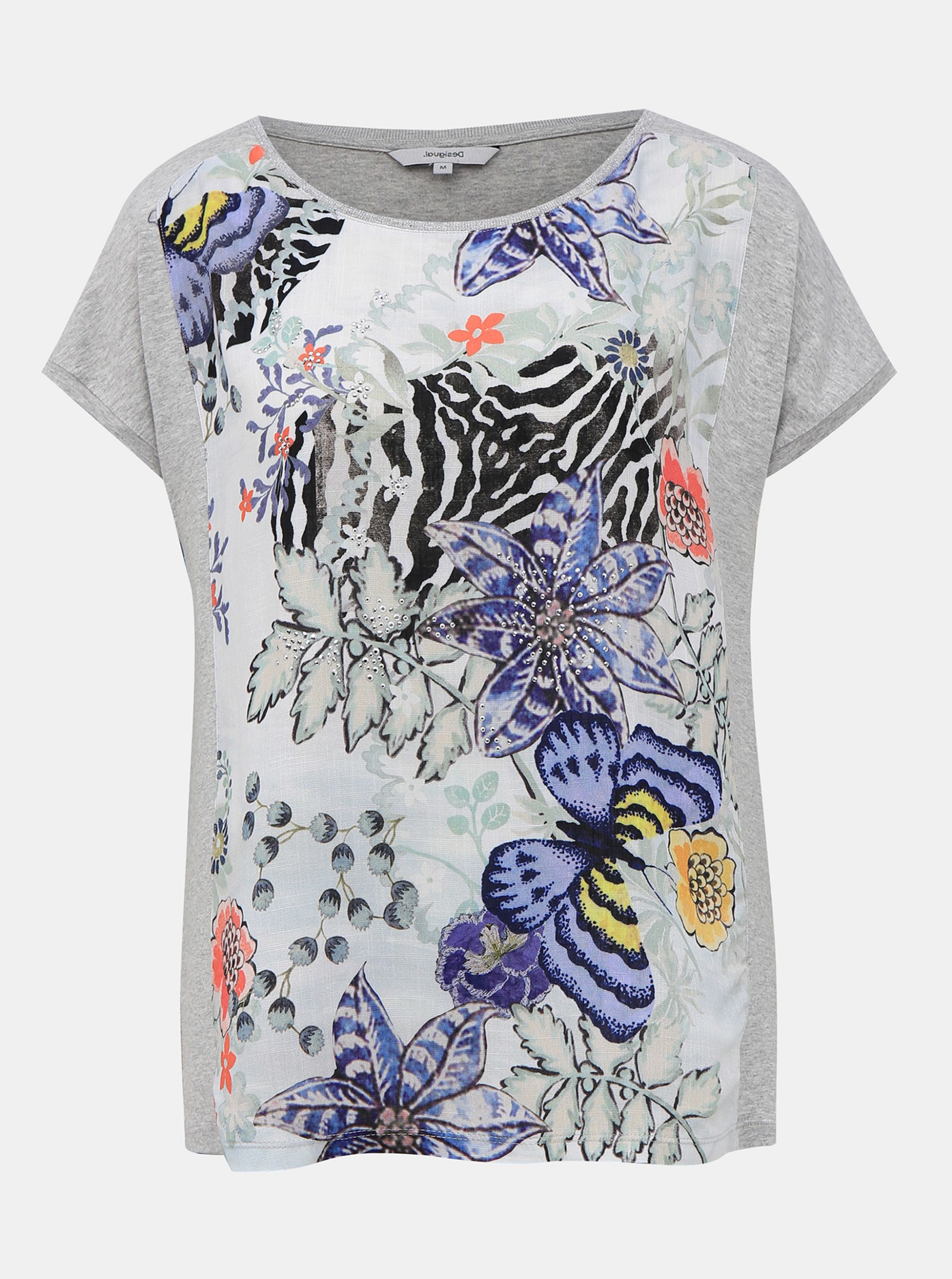 Šedé květované tričko Desigual Edimburgo