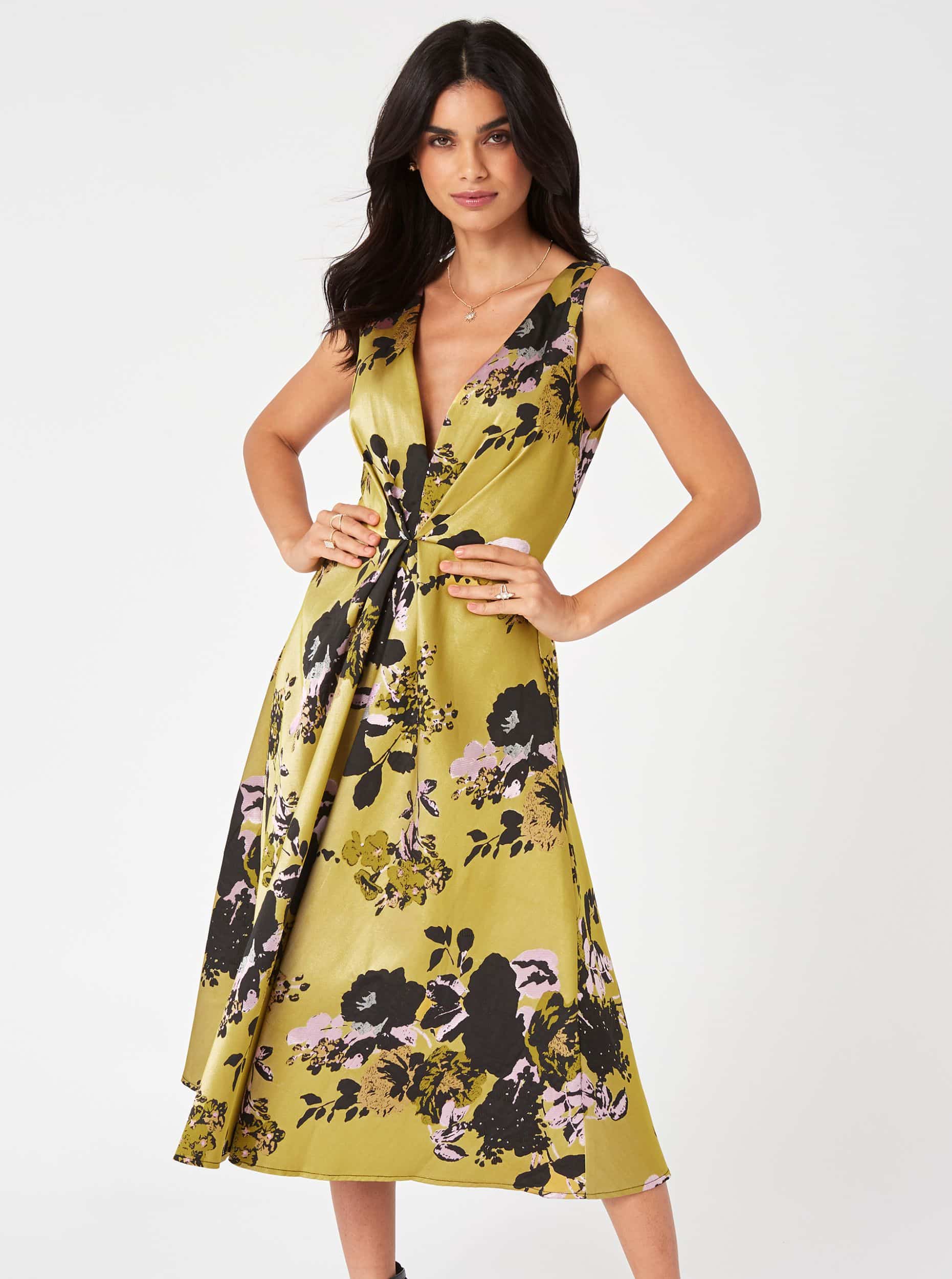 Žluté květované midišaty Little Mistress