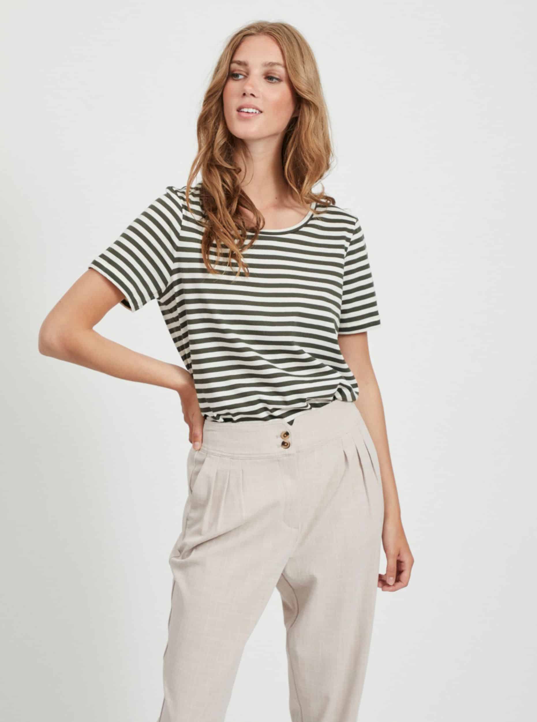 Krémovo-zelené pruhované basic tričko VILA