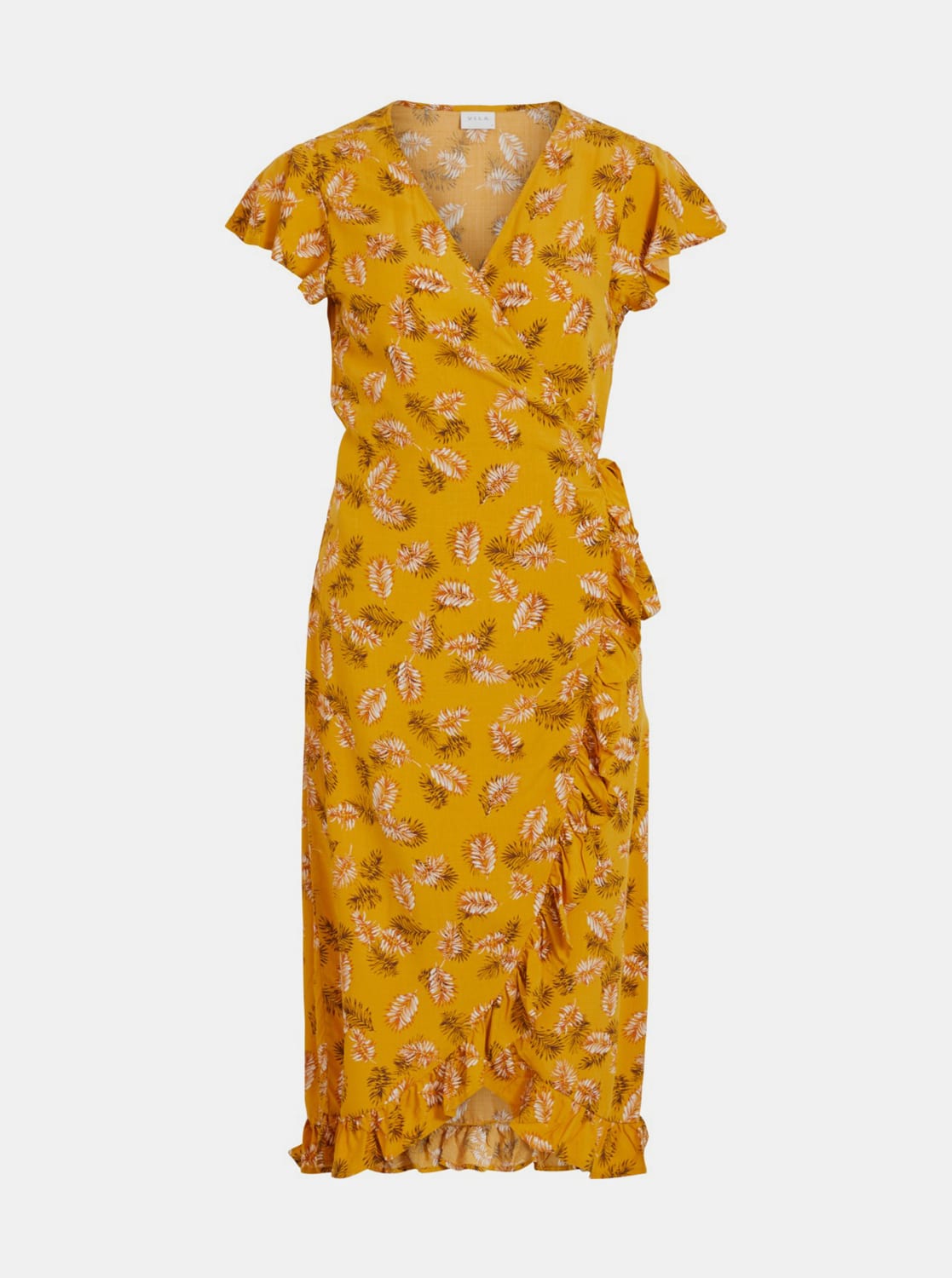 Hořčicové vzorované zavinovací šaty VILA