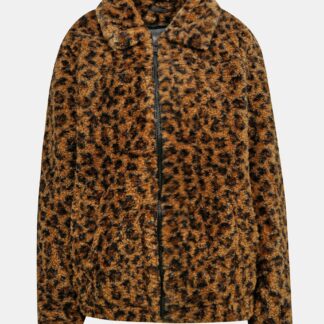 Hnědá bunda s leopardím vzorem a umělým kožíškem Noisy May Gabi