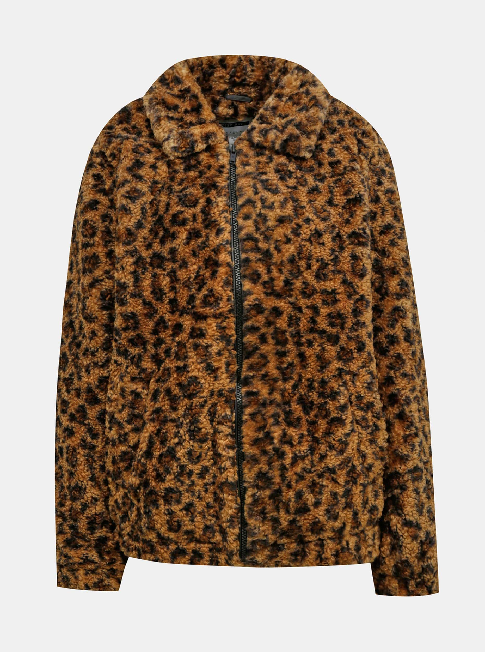 Hnědá bunda s leopardím vzorem a umělým kožíškem Noisy May Gabi