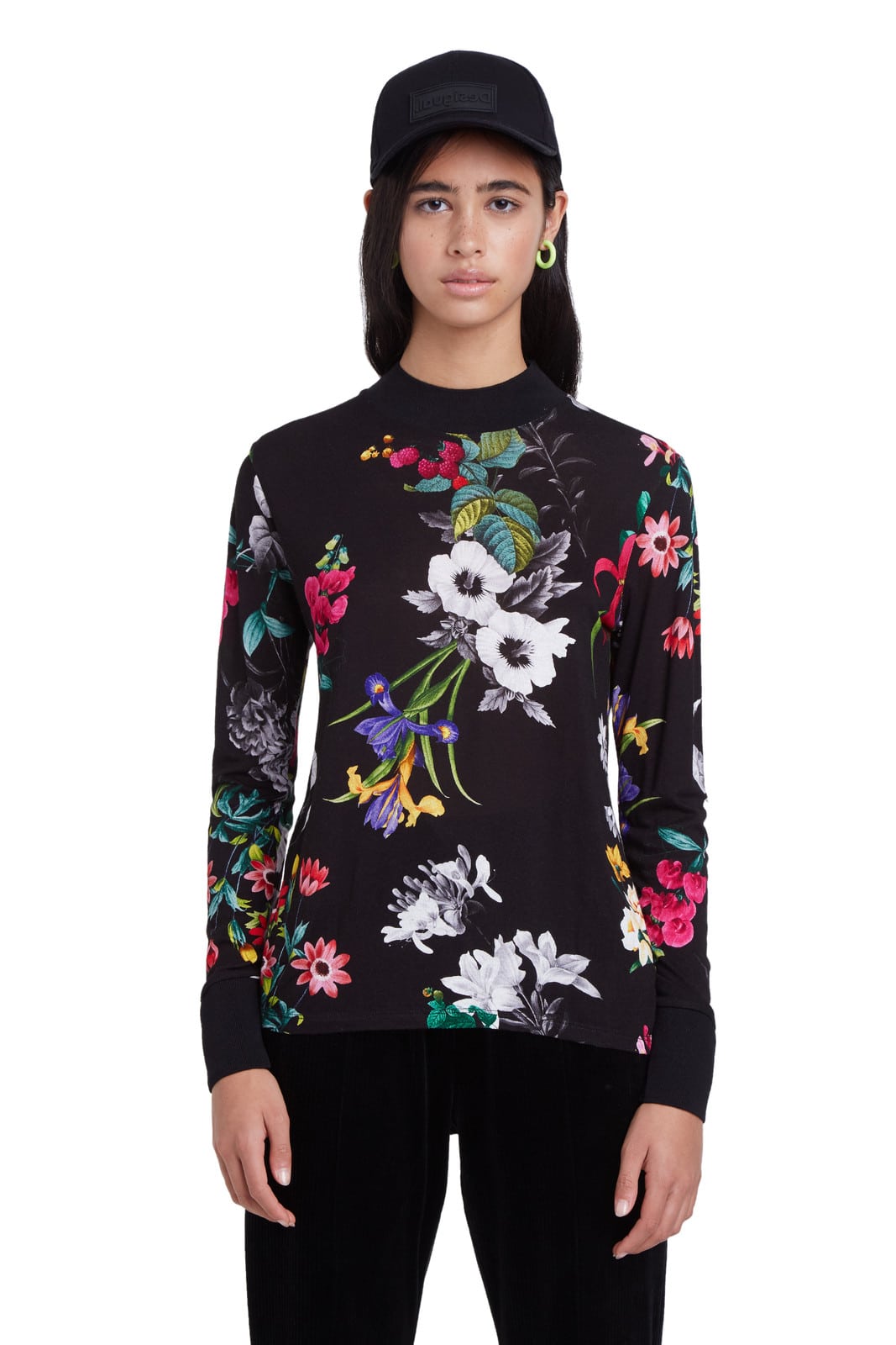 Desigual černé tričko TS Indiana s barevnými květy