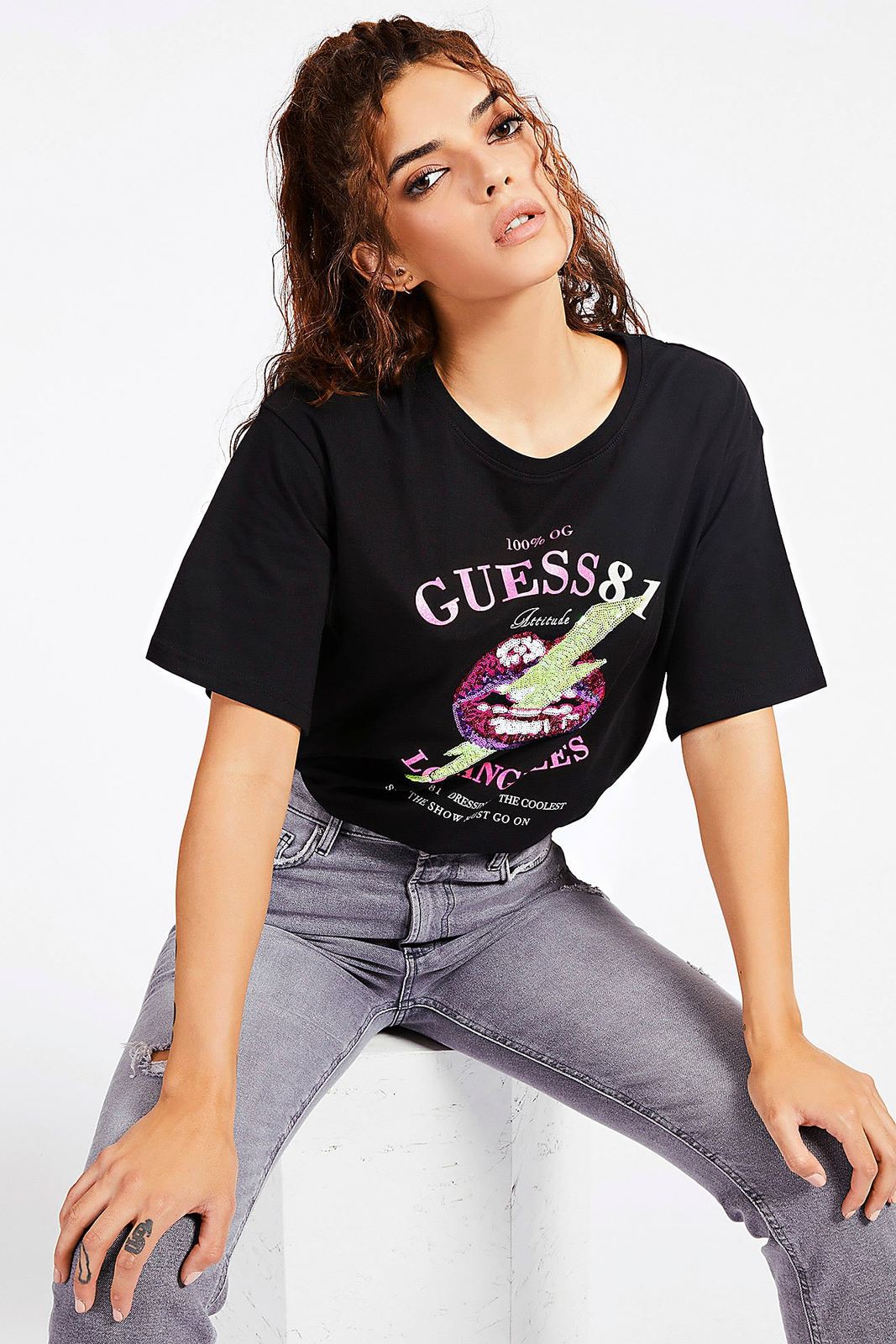 Guess černé tričko Logo Frontale Paillettes