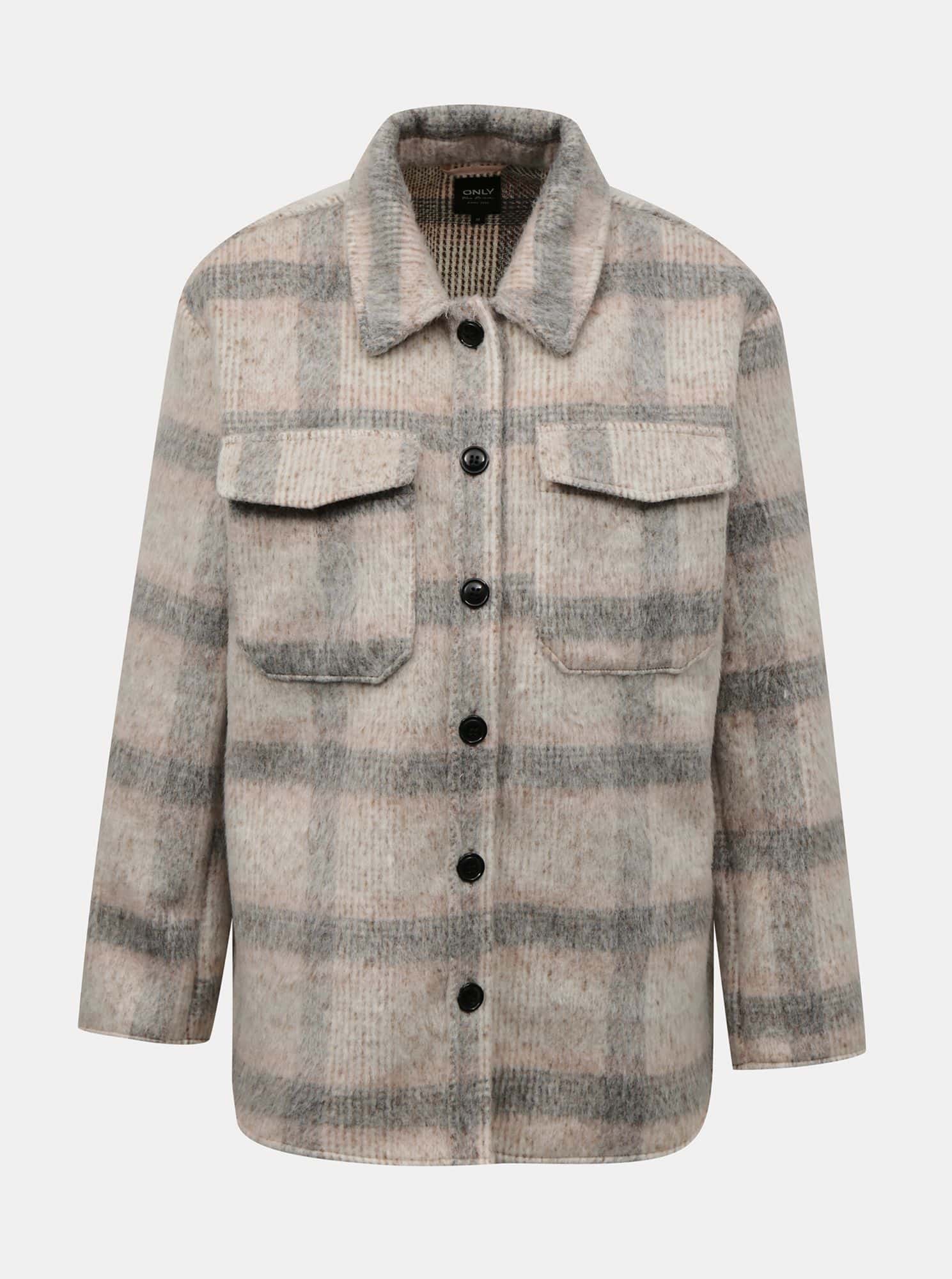 Only béžová bunda Kawi s kostkovaným vzorem