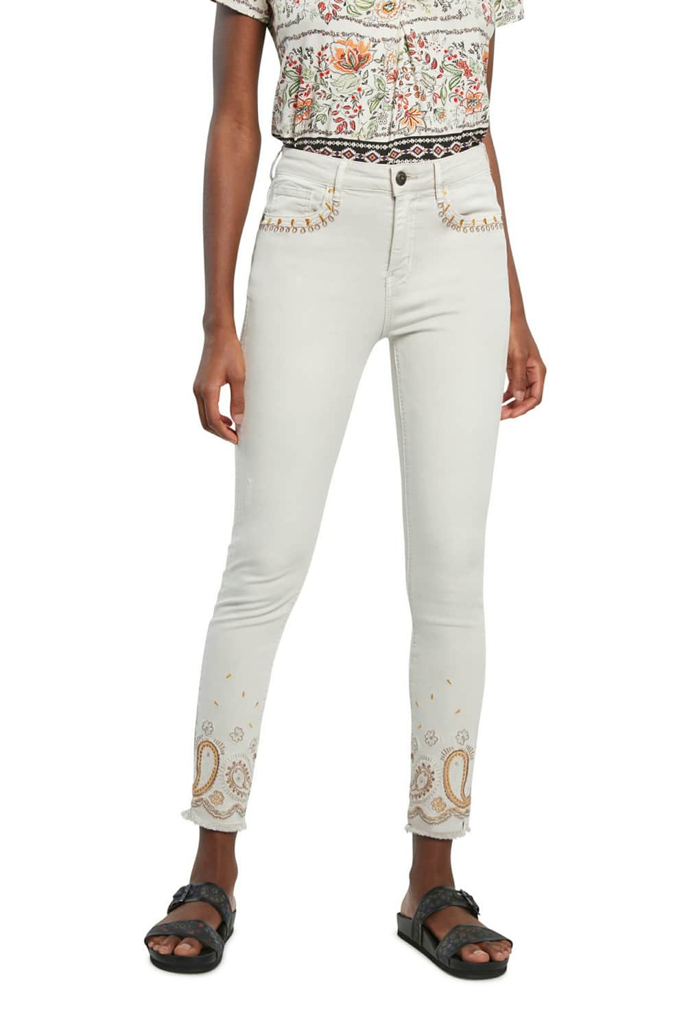 Desigual bílé kalhoty Pant Ankle Paisley