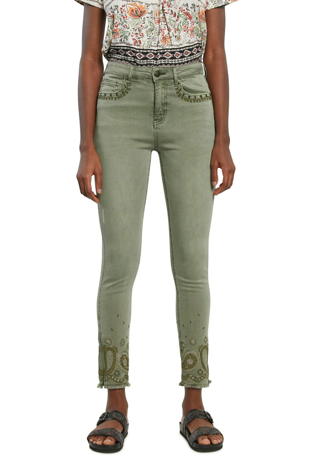Desigual khaki kalhoty Pant Ankle Paisley