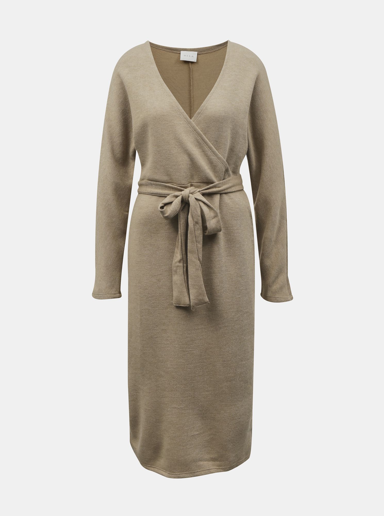 Vila béžové svetrové šaty se zavazováním