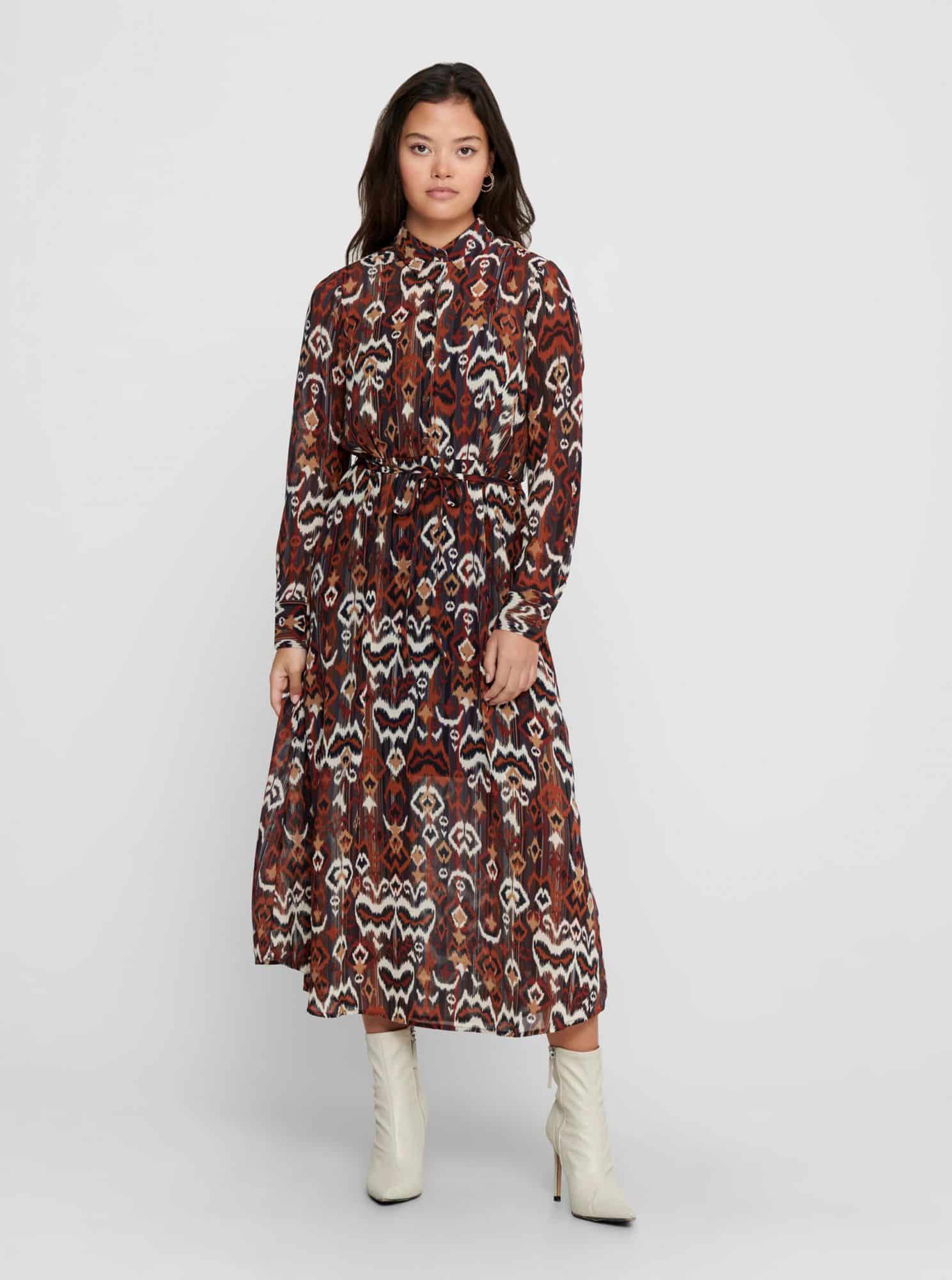 Only hnědé košilové maxi šaty se vzory