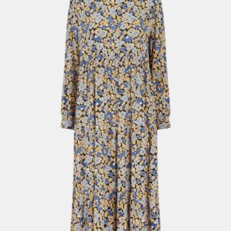 Pieces šedo-modré květované midi šaty