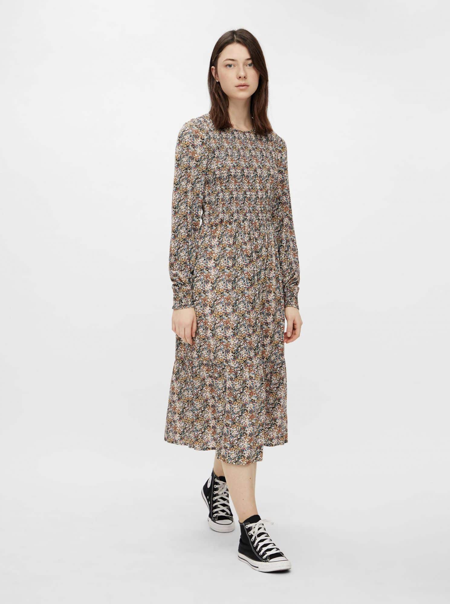 Pieces béžovo-šedé květované midi šaty