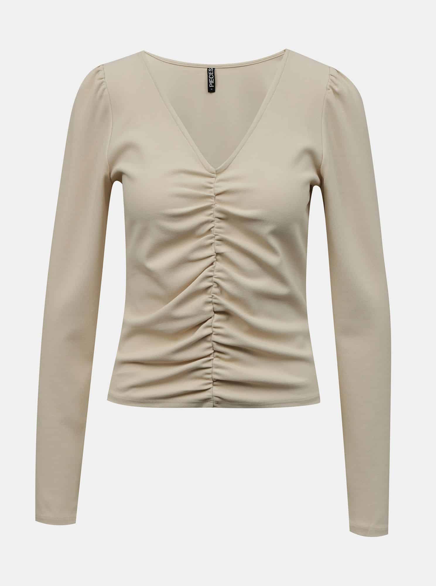 Pieces béžové dámské tričko s nařasením