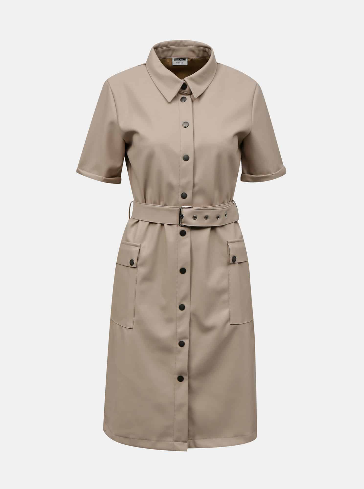 Noisy May béžové koženkové košilové šaty