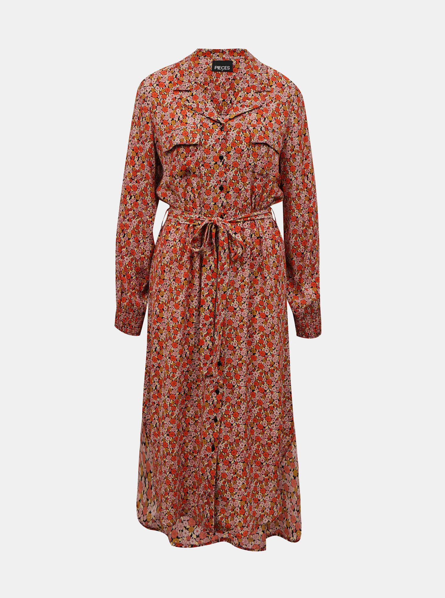 Pieces červené květované košilové midi šaty