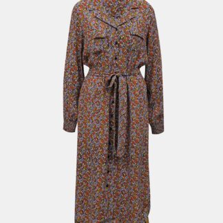 Pieces modro-hnědé květované košilové midi šaty