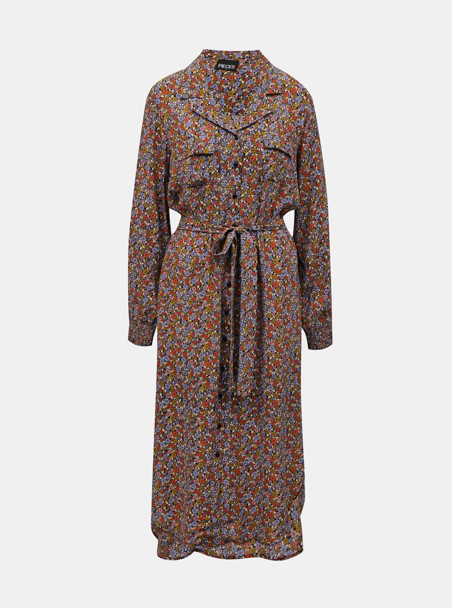 Pieces modro-hnědé květované košilové midi šaty