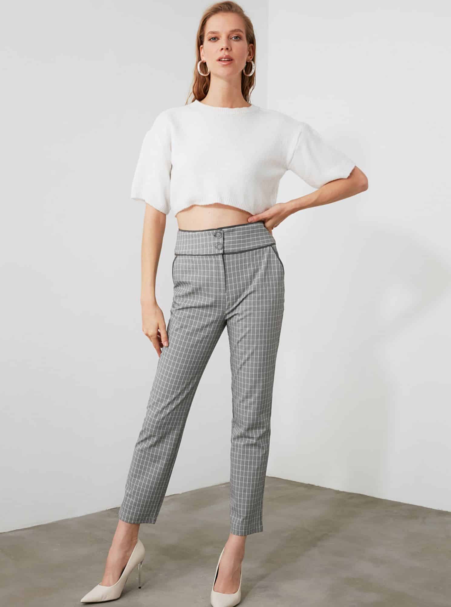 Trendyol šedé kostkované kalhoty