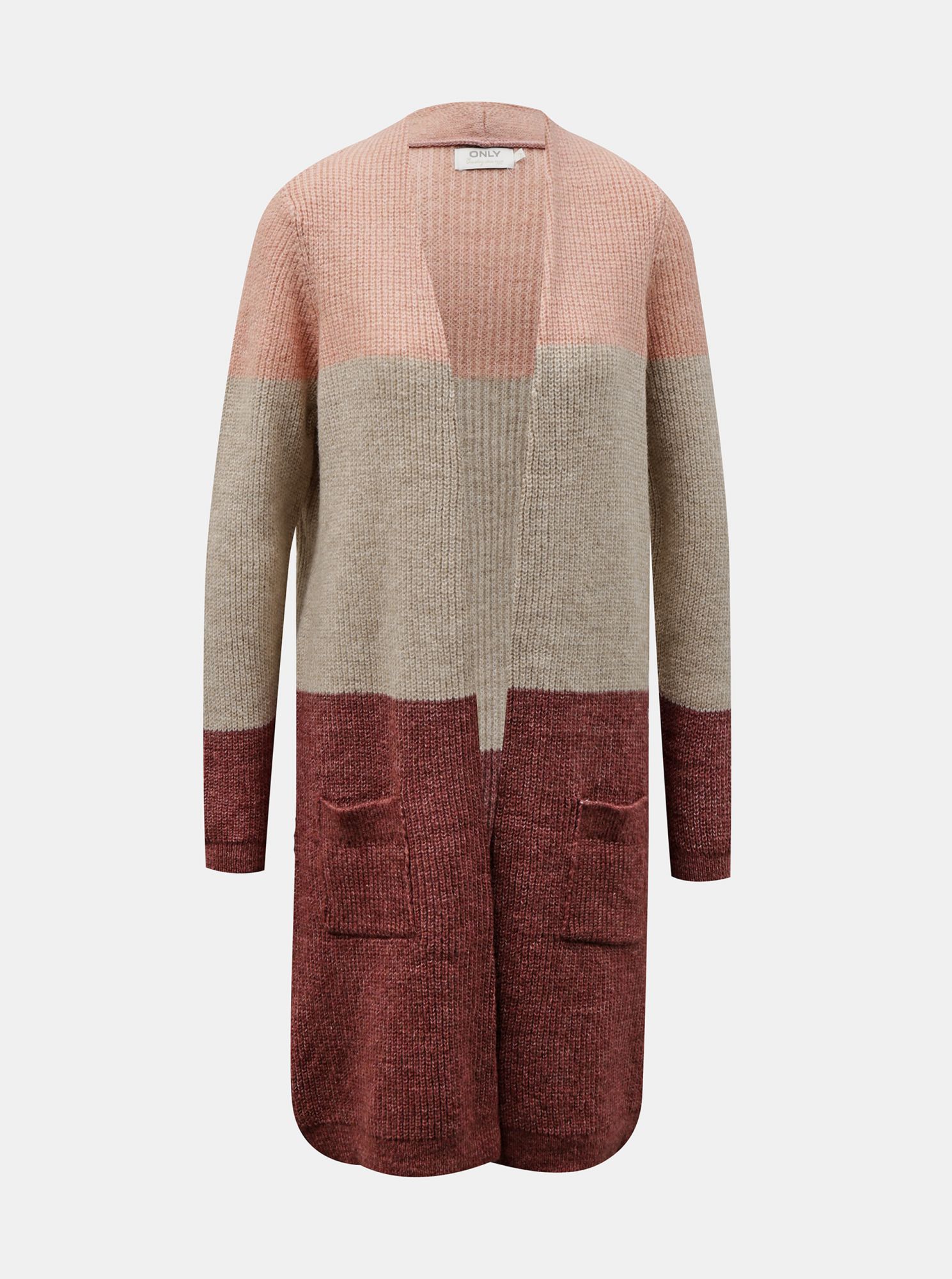 Béžovo-vínový dlouhý kardigan ONLY