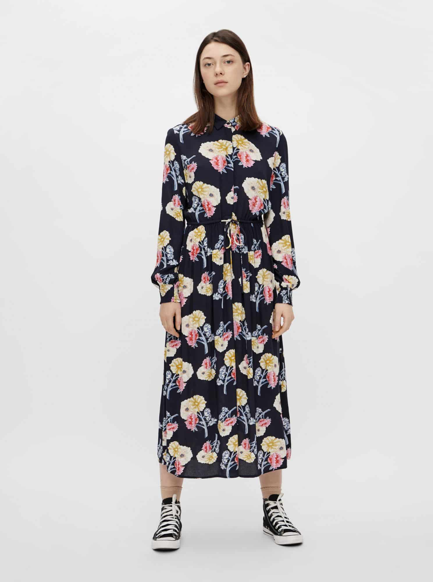 Tmavě modré květované košilové midišaty Pieces