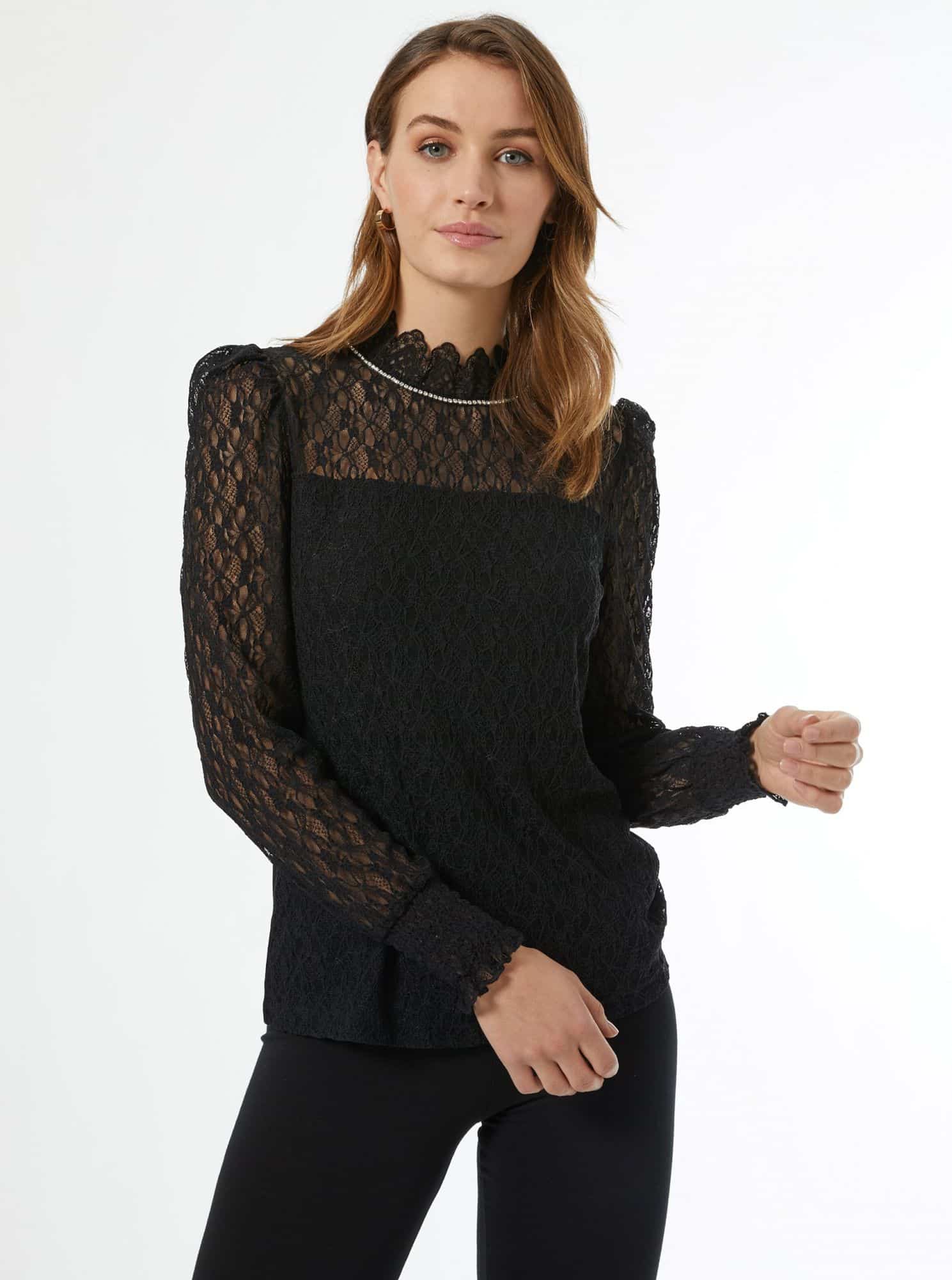 Černá krajková halenka se stojáčkem Dorothy Perkins