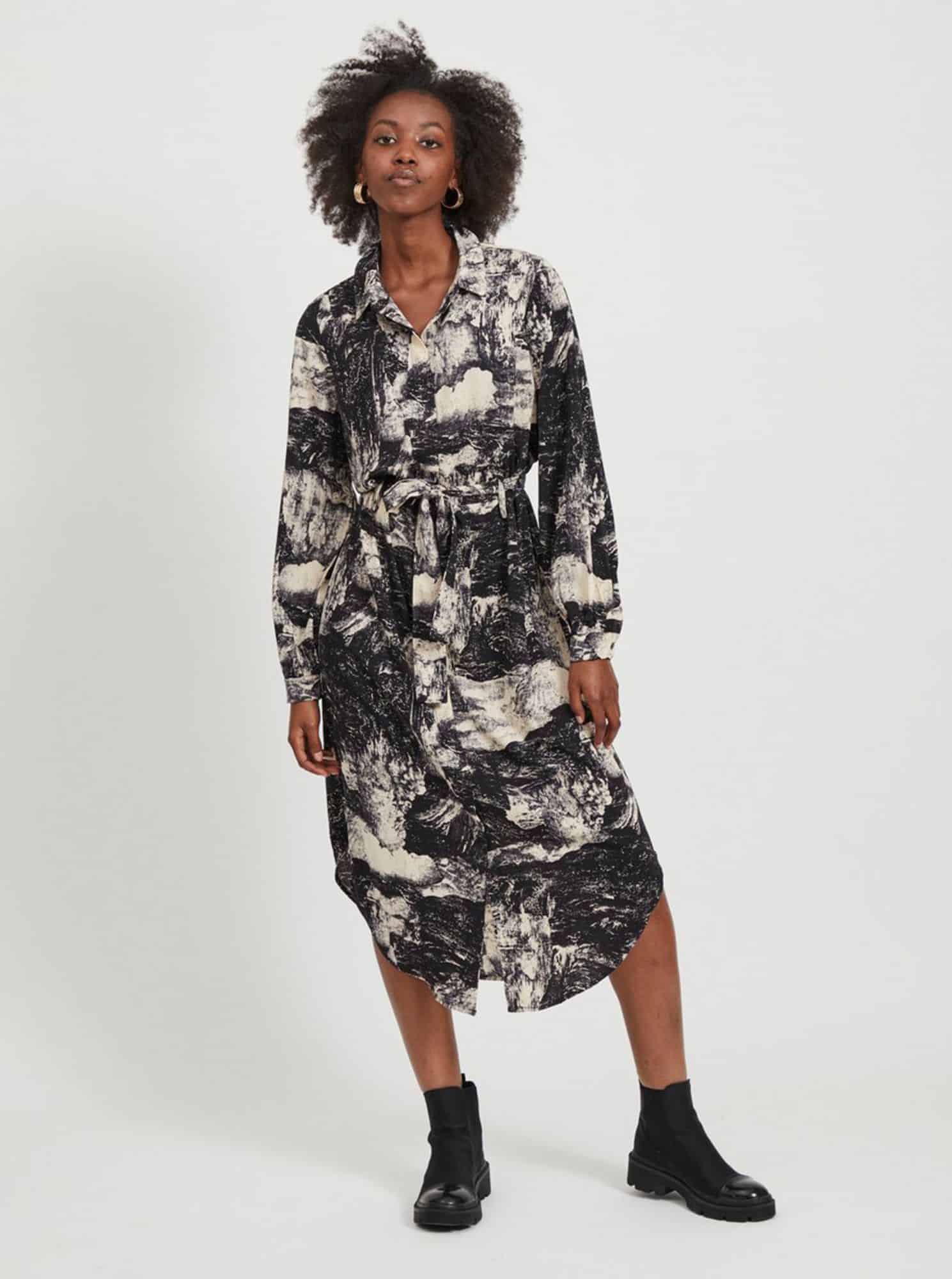 Černé vzorované košilové midišaty .OBJECT