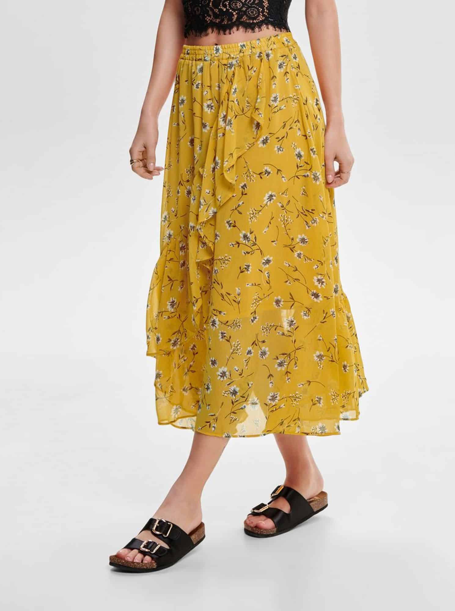 Hořčicová květovaná midi sukně s volánem ONLY Sheena