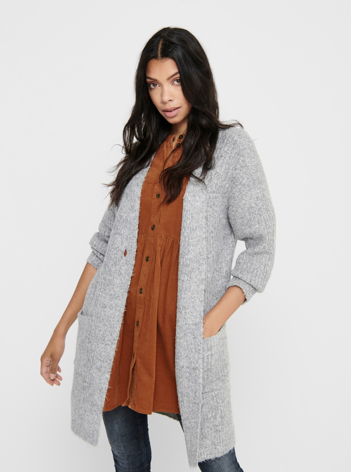 Světle šedý dlouhý kardigan ONLY