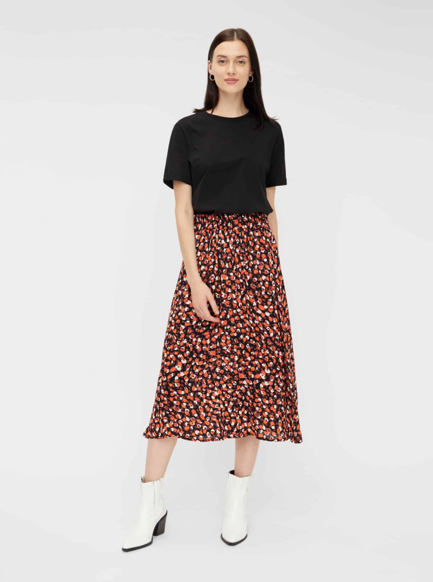 Červená vzorovaná midi sukně Pieces Raya