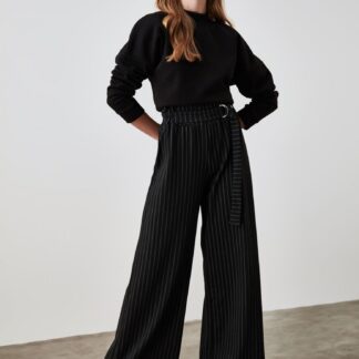 Černé dámské pruhované široké kalhoty s páskem Trendyol