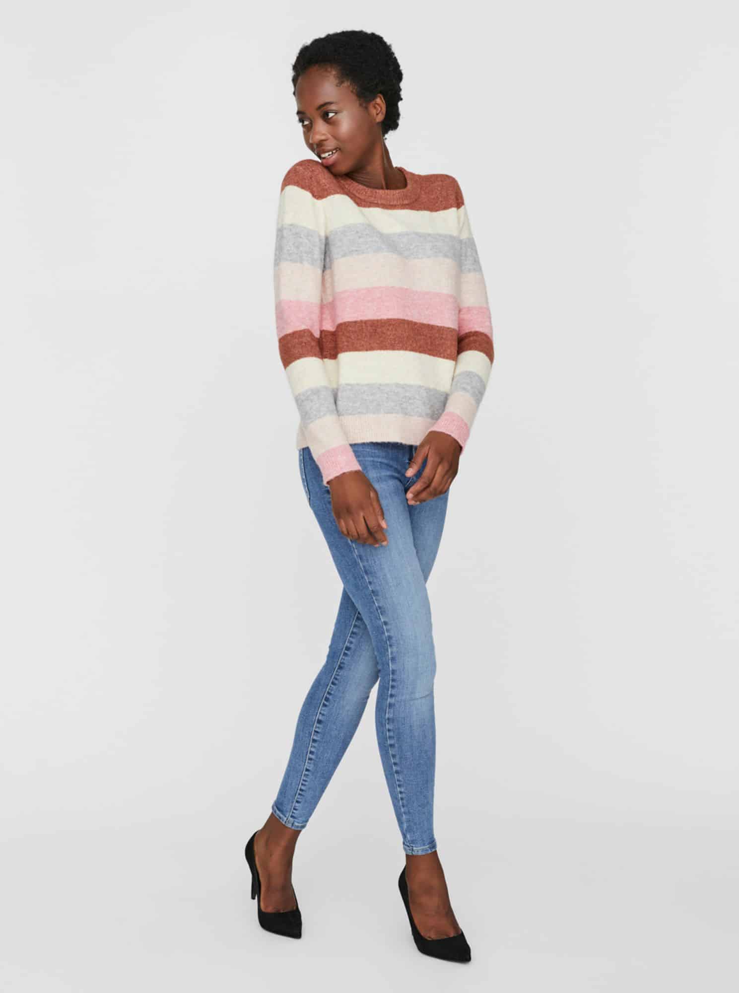 Růžovo-hnědý pruhovaný svetr VERO MODA Plaza