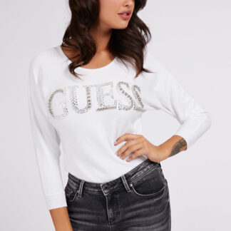 Guess bílý svetr Jewel Details Logo Sweater