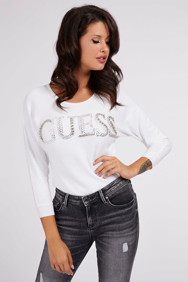 Guess bílý svetr Jewel Details Logo Sweater