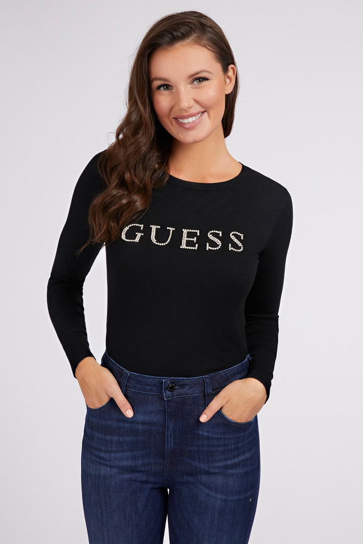Guess černý svetr Rhinestones Front Logo Sweater