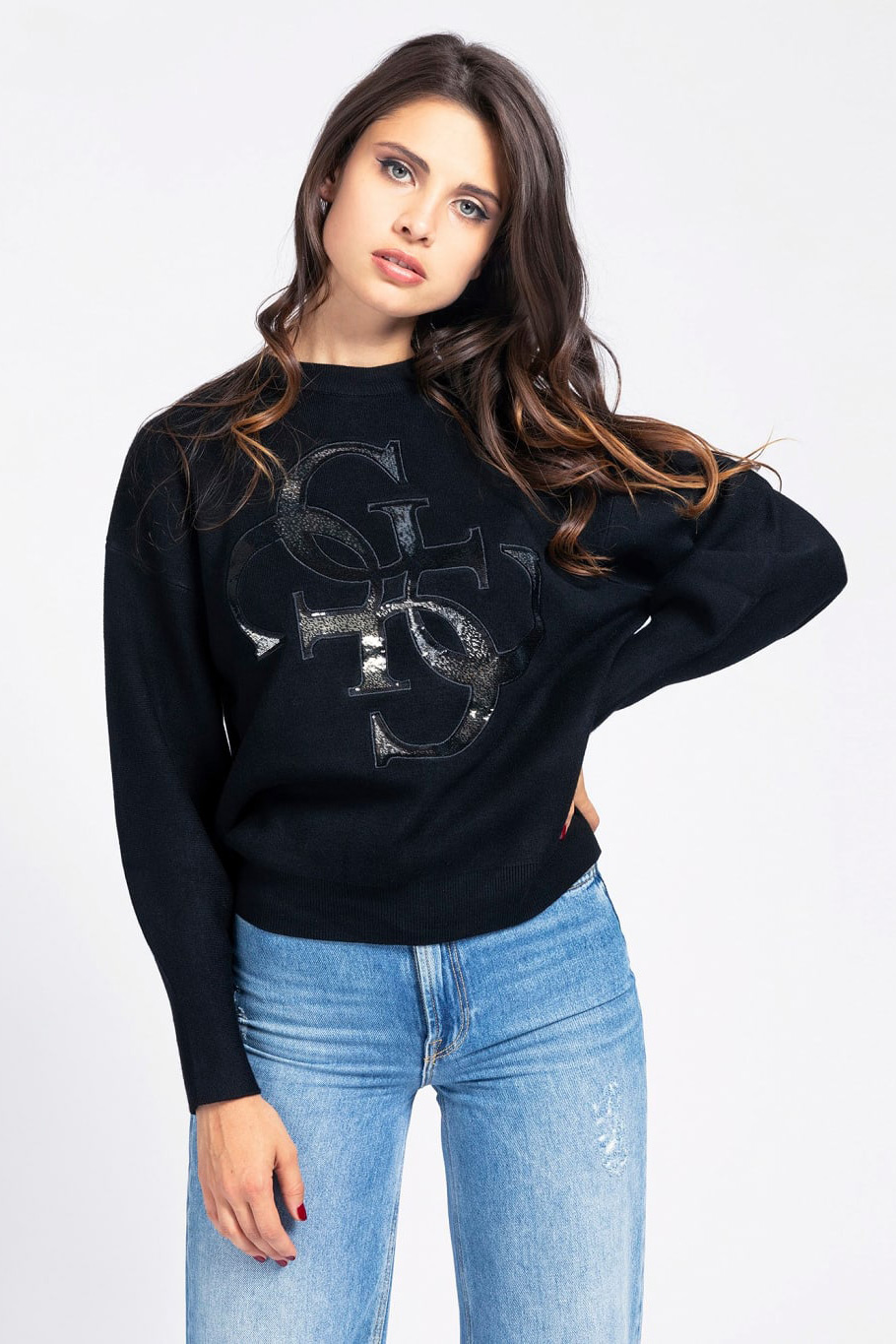 Guess černý svetr 4G Logo Embroidery Sweater Black