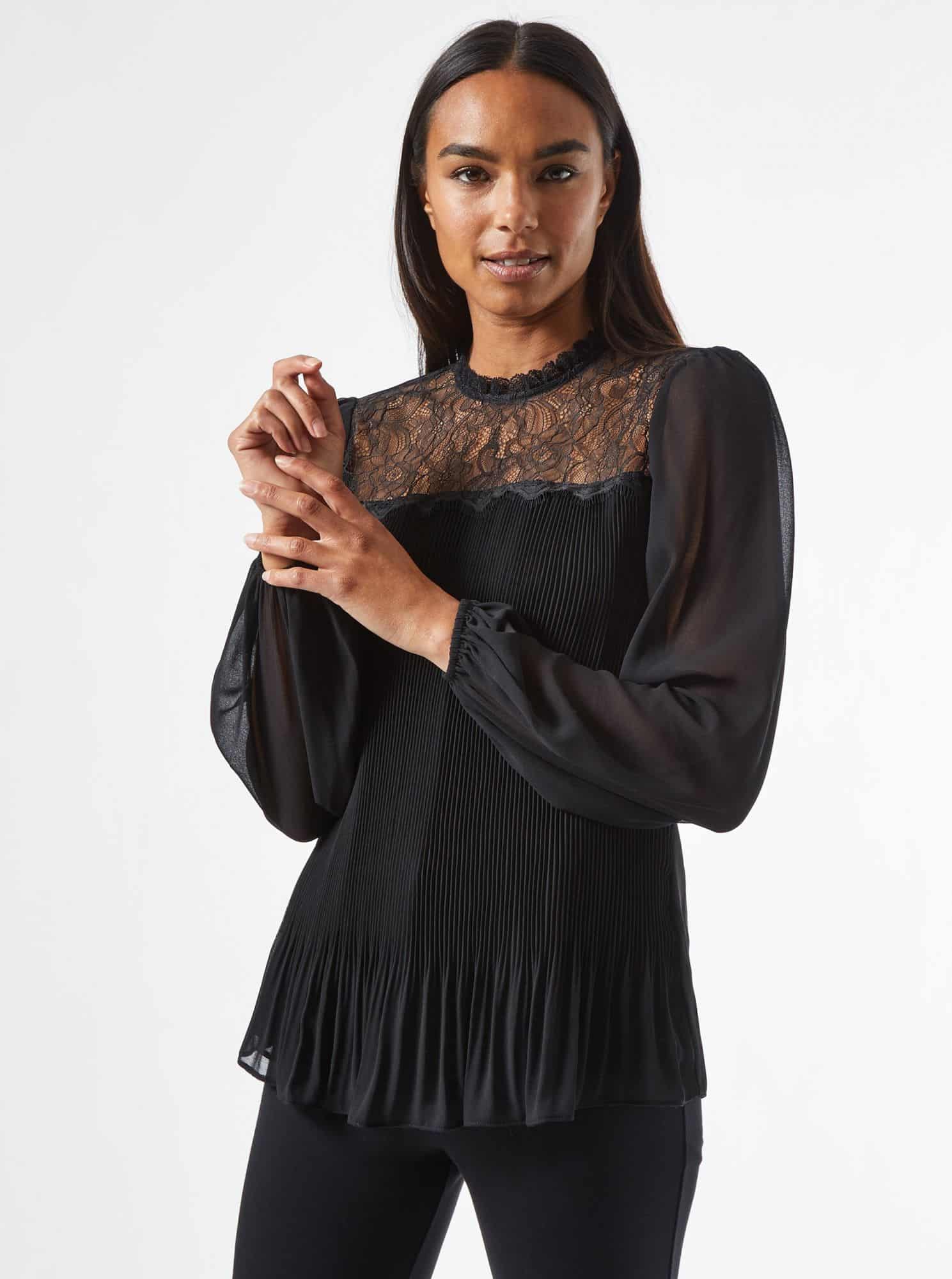 Černá plisovaná halenka s krajkou Dorothy Perkins