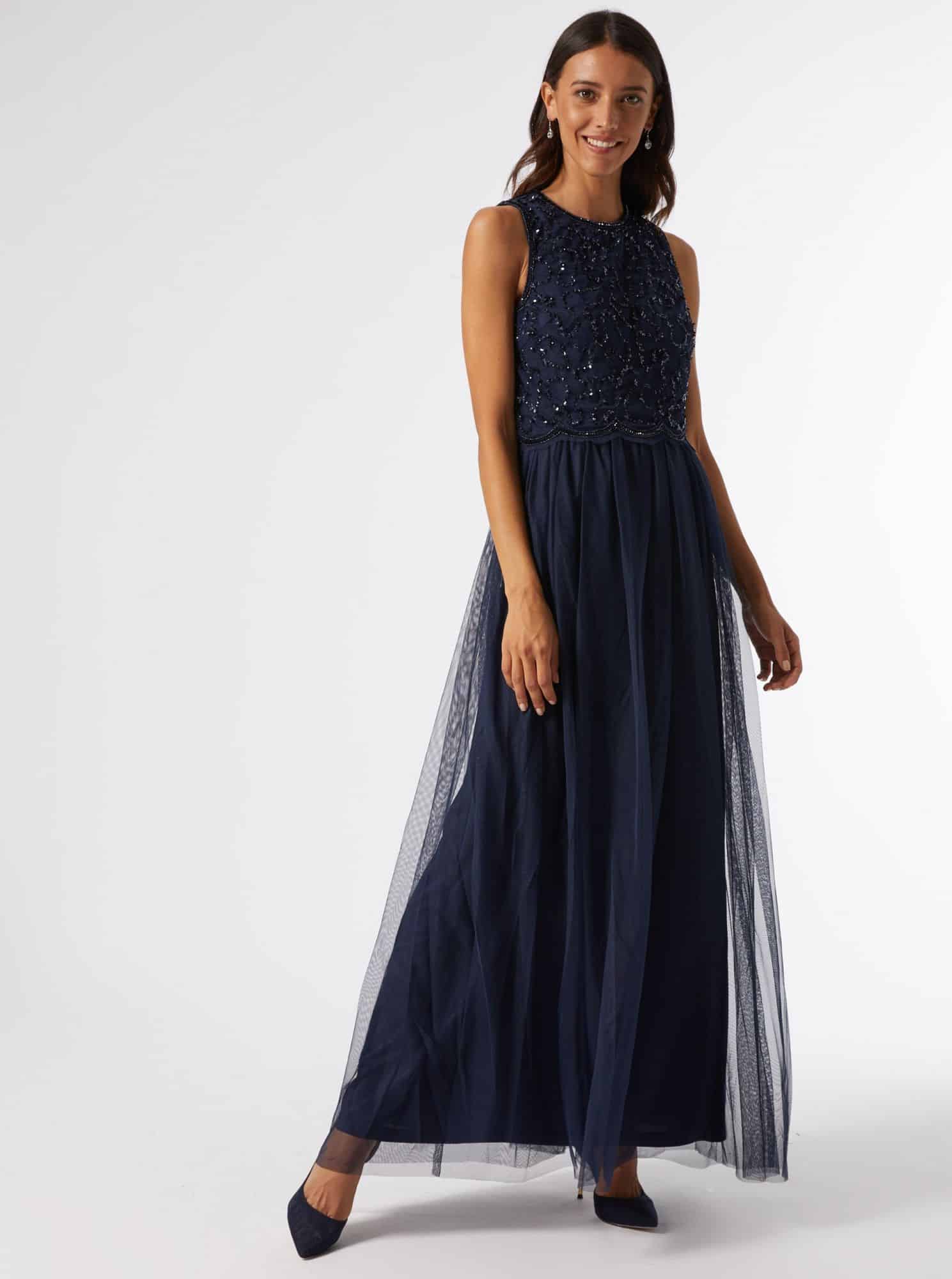 Tmavě modré maxišaty s flitrovým topem Dorothy Perkins