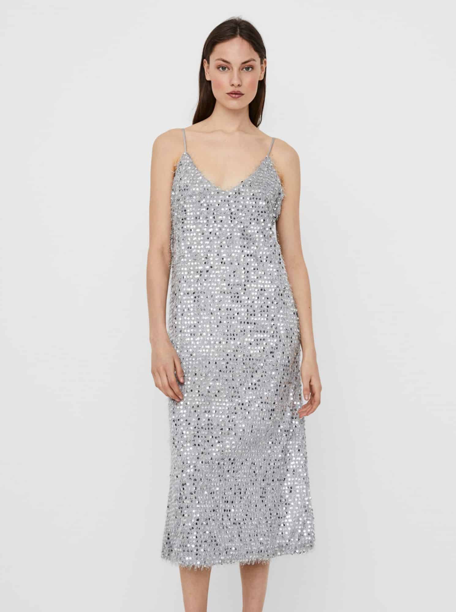 Flitrované midišaty ve stříbrné barvě VERO MODA Kalmia