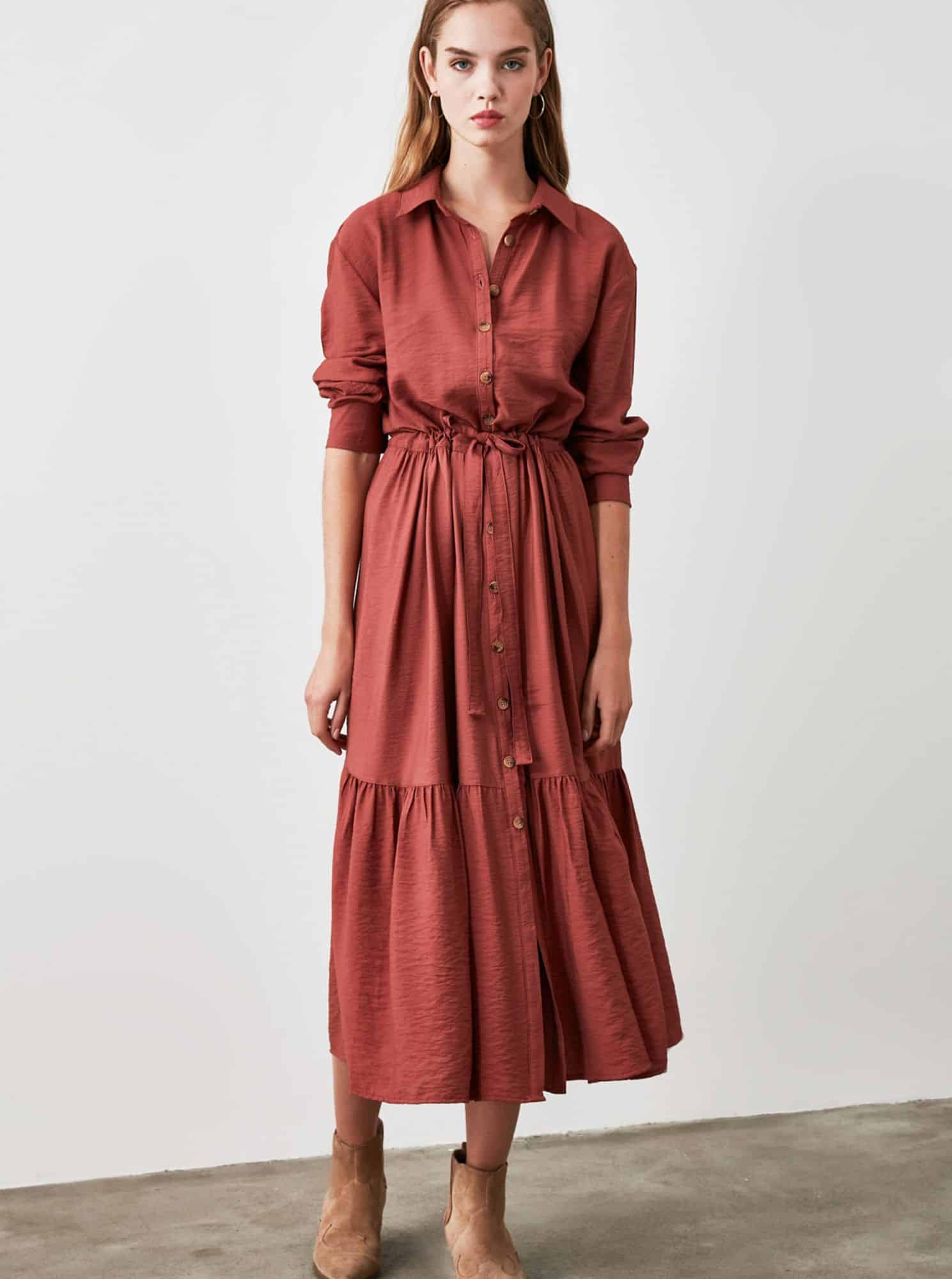 Cihlové košilové midišaty Trendyol