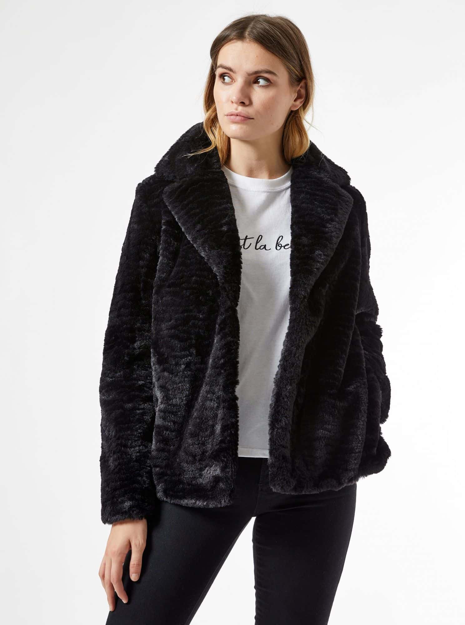 Černý krátký kabát z umělého kožíšku Dorothy Perkins