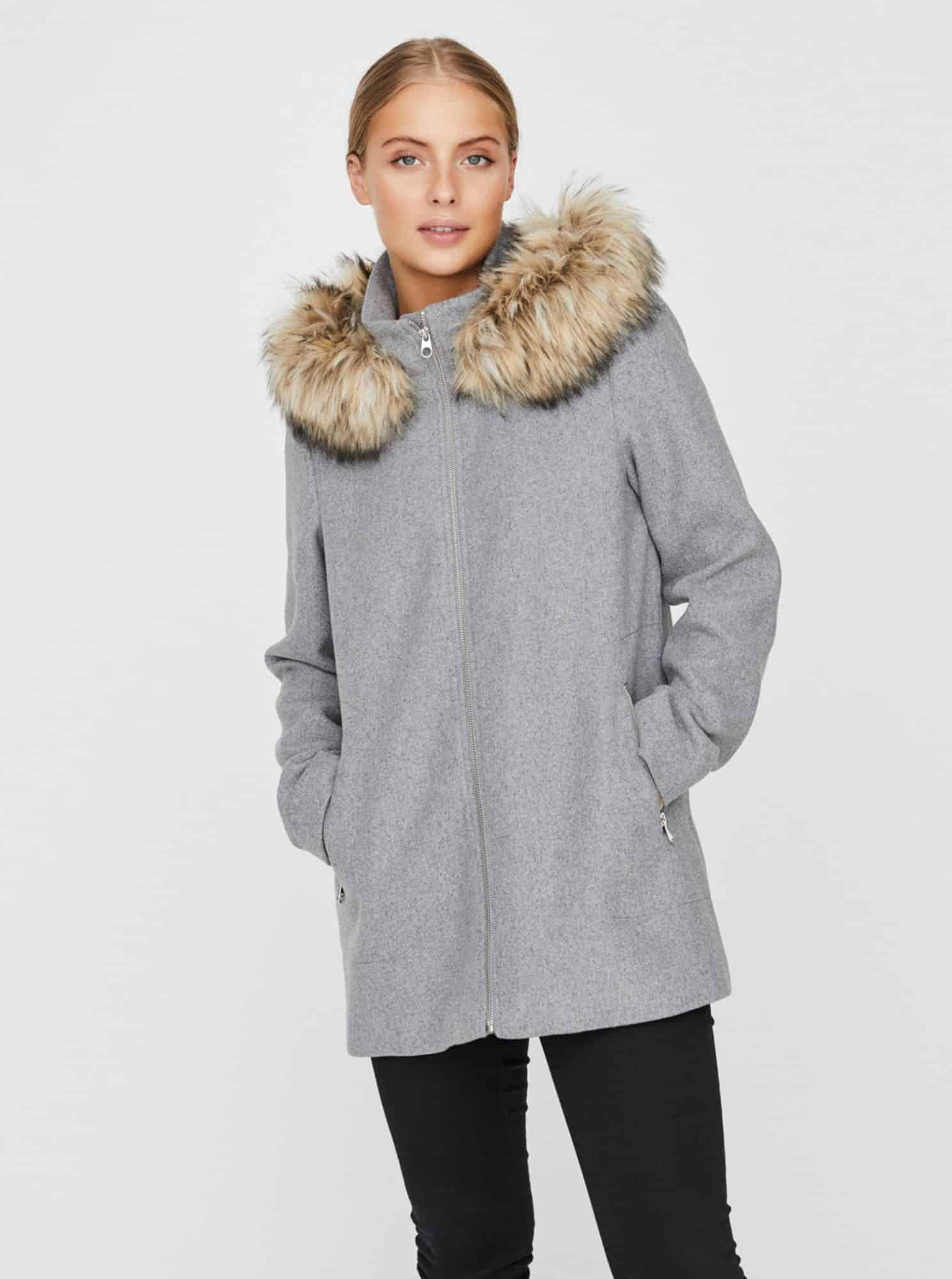 Šedý zimní kabát s příměsí vlny VERO MODA Collaryork