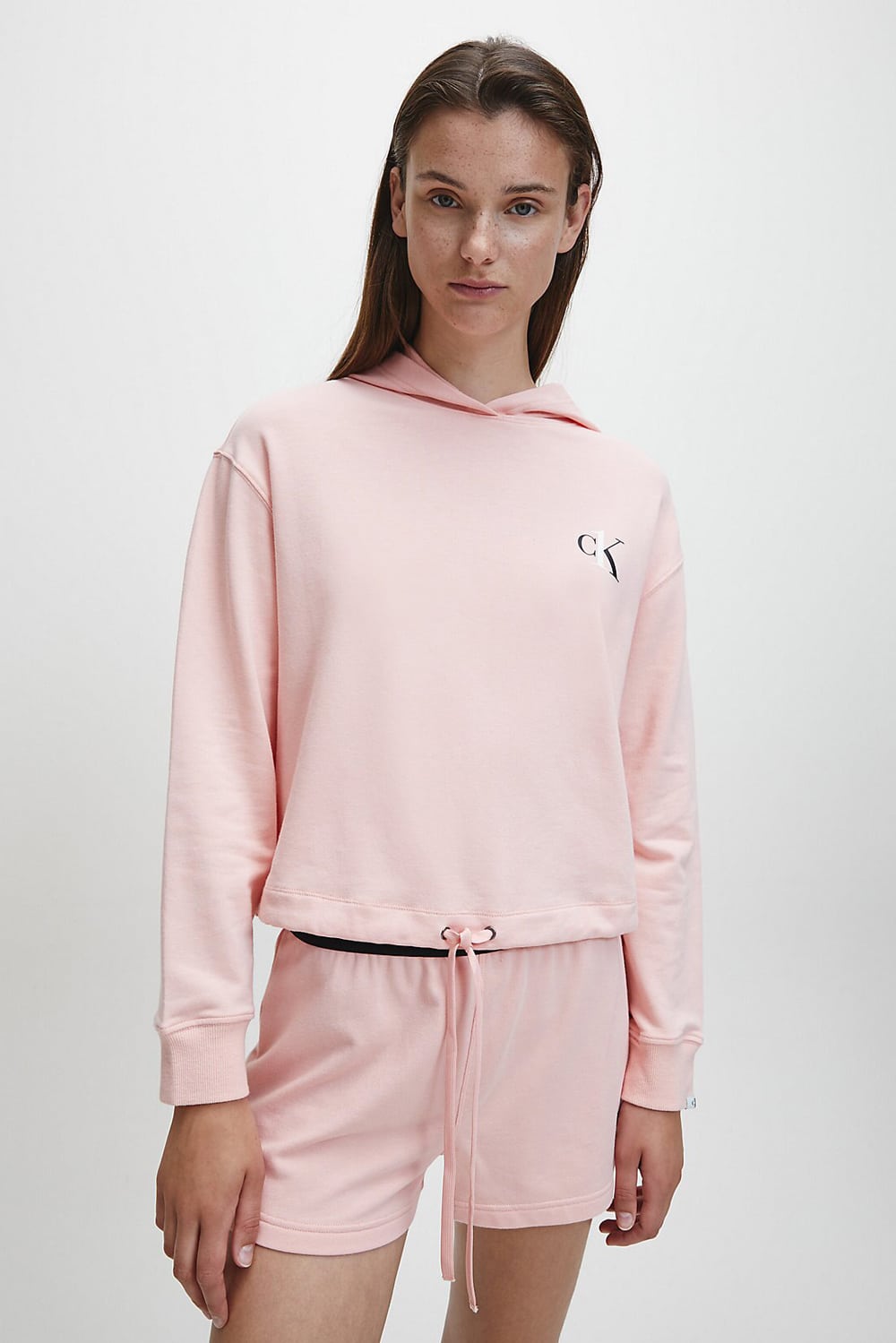 Calvin Klein pudrová mikina L/S Crop Hoodie s kapucí